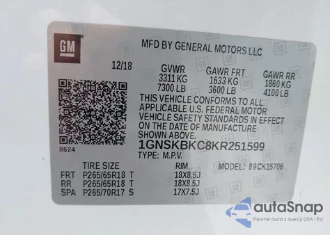 2019 Chevrolet Tahoe Lt z USA, uszkodzony, nr VIN 1GNSKBKC8KR251599